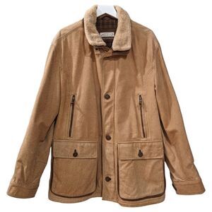 VTG Gimo's Menswear Shearling Collar Pelle Leather Wool Lined Barn Coat Tan XXL